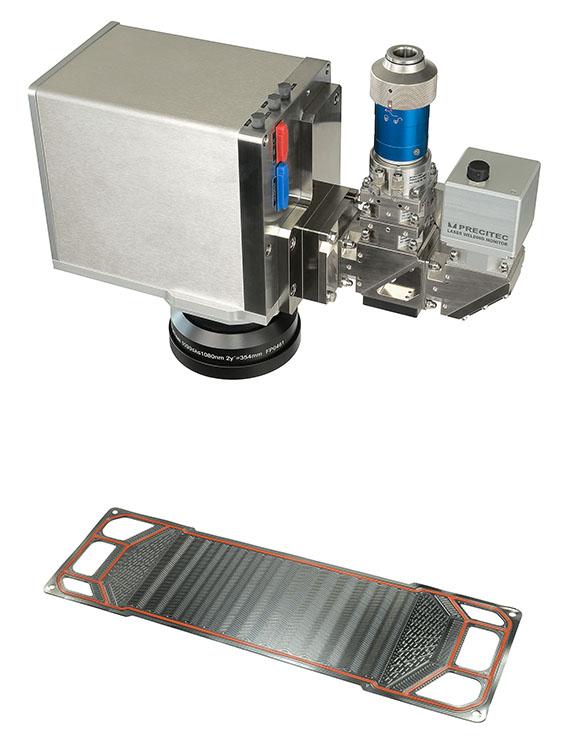 장착된 레이저 용접 모니터 및 바이폴라 플레이트 샘플이 있는 스캐너